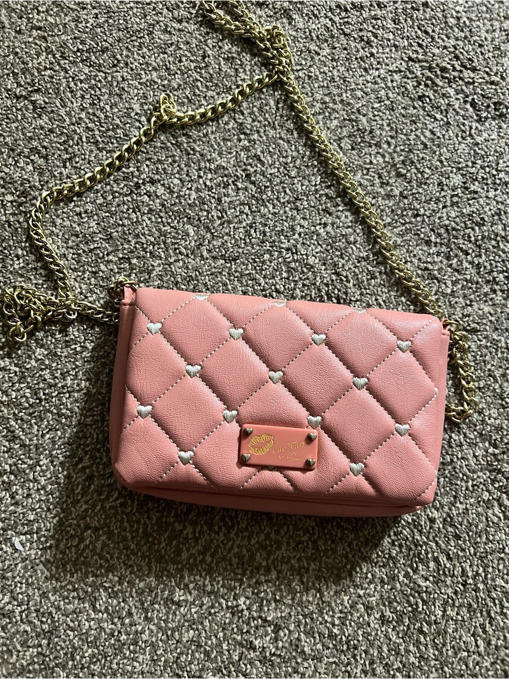 Betsey Johnson Pink Quilted Heart Accent Crossbody with Gold Chain